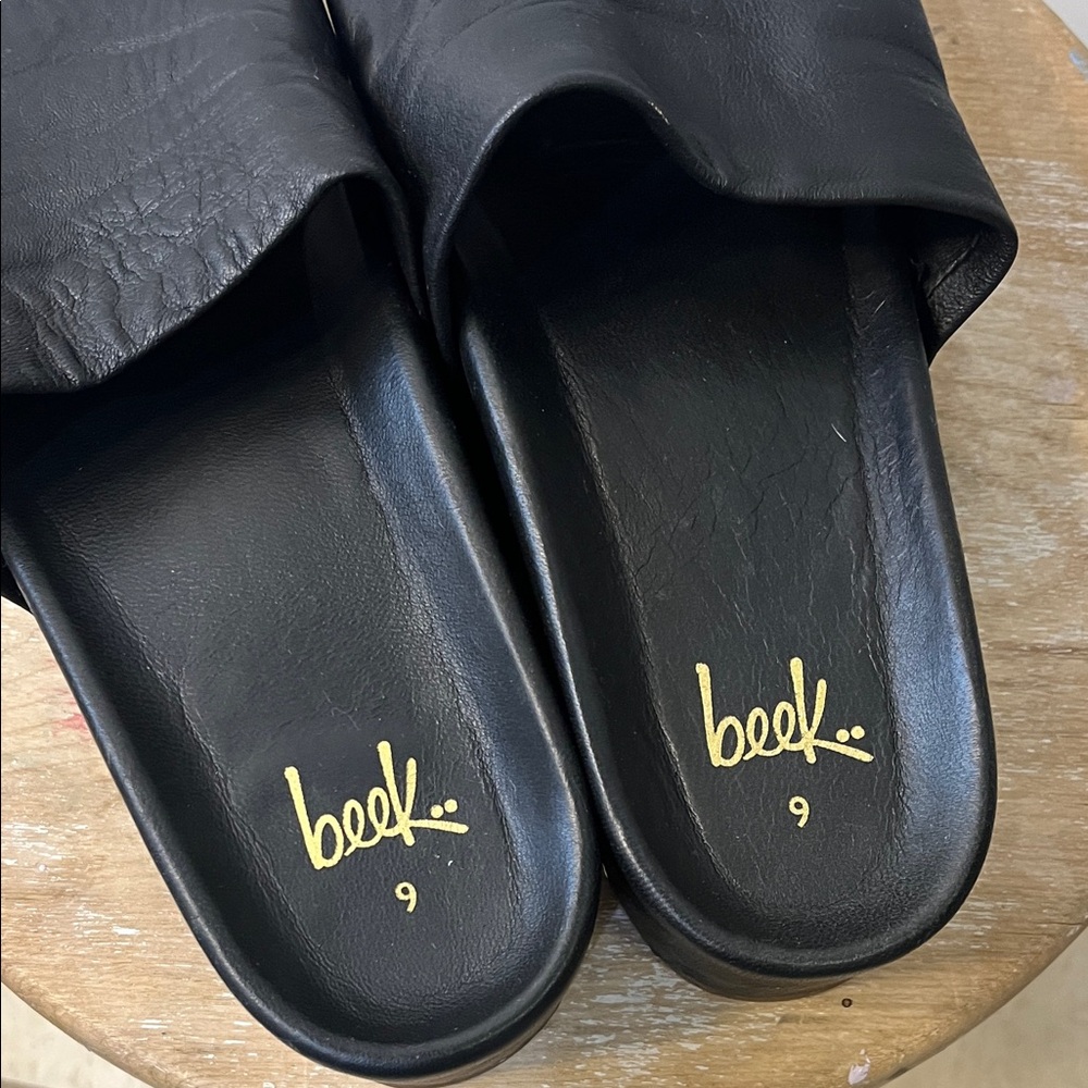 beek Pelican Leather Platform Black Women's Slide Sandals - Picture 7 of 16